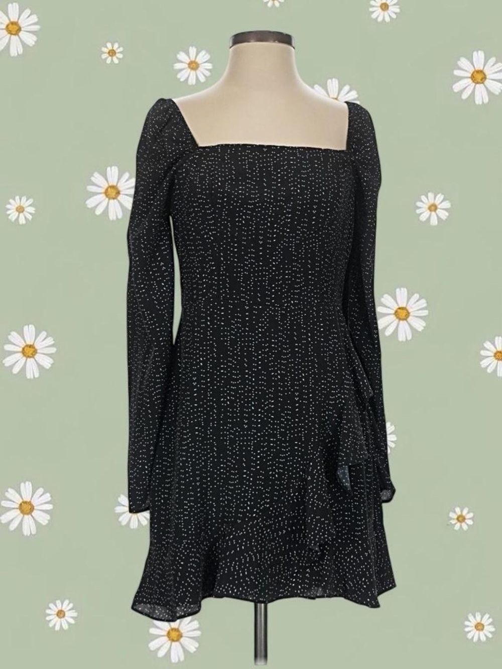 Black Square-Neck Long Sleeve Mini Dress with Subtle Dot Print